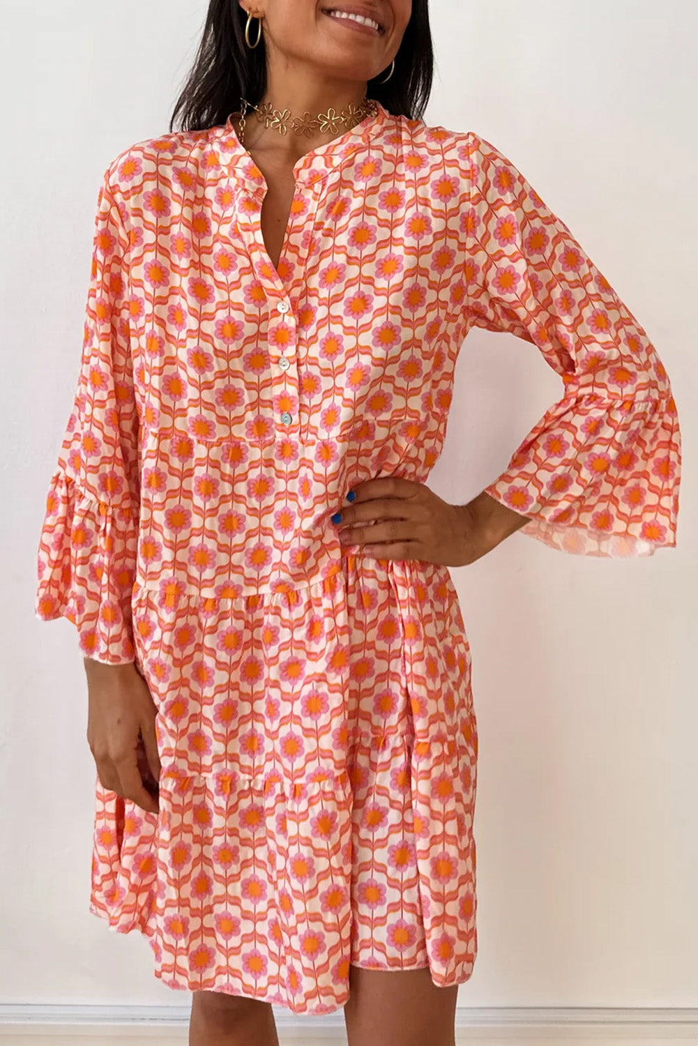 Orange Floral Print Flounce Sleeve Buttoned Front Mini Dress Aaria Tees