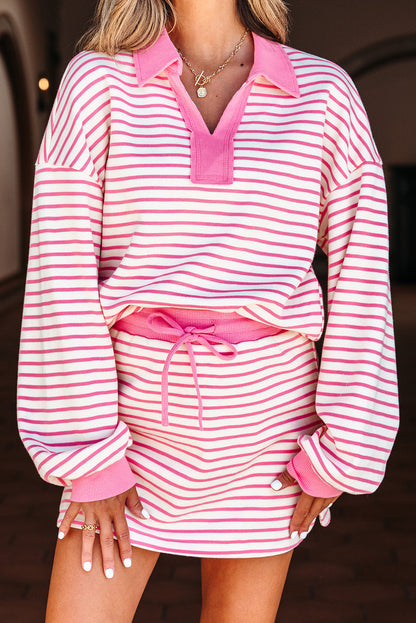 Stripe Collared V-Neck Pullover and Skort Set