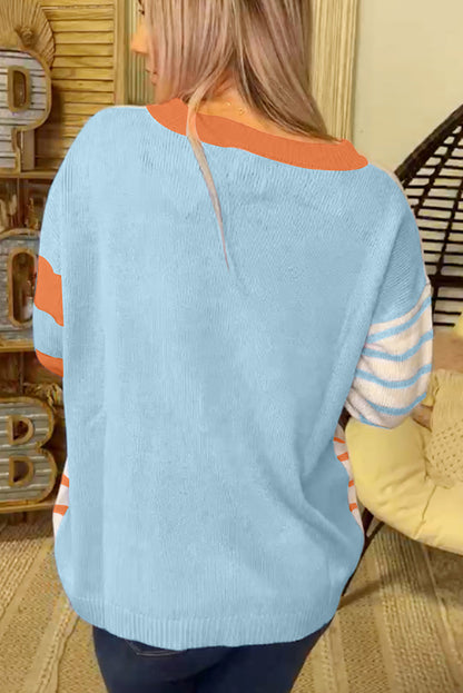 Orange Striped Colorblock Pullover Sweater
