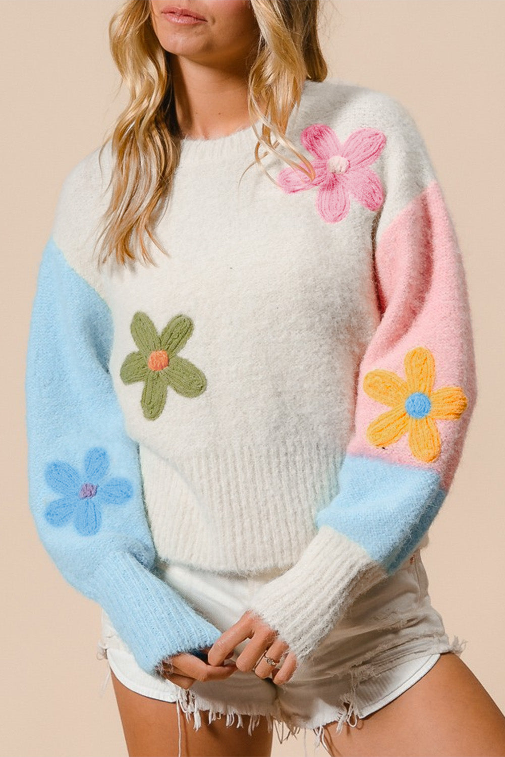 Multicolour Floral Embroidered Colorblock Fuzzy Drop Shoulder Sweater - Aaria Tees