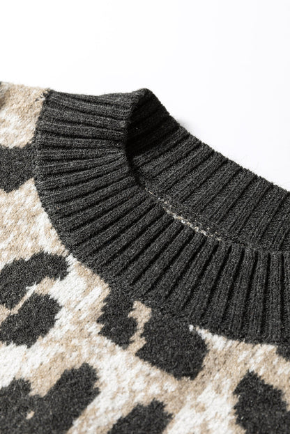 Leopard Contrast Trim Drop Shoulder Sweater