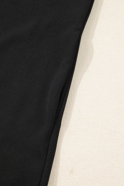 Black Plus Size Notched Neck Leopard Trim Flounce Long Sleeve Shift Dress