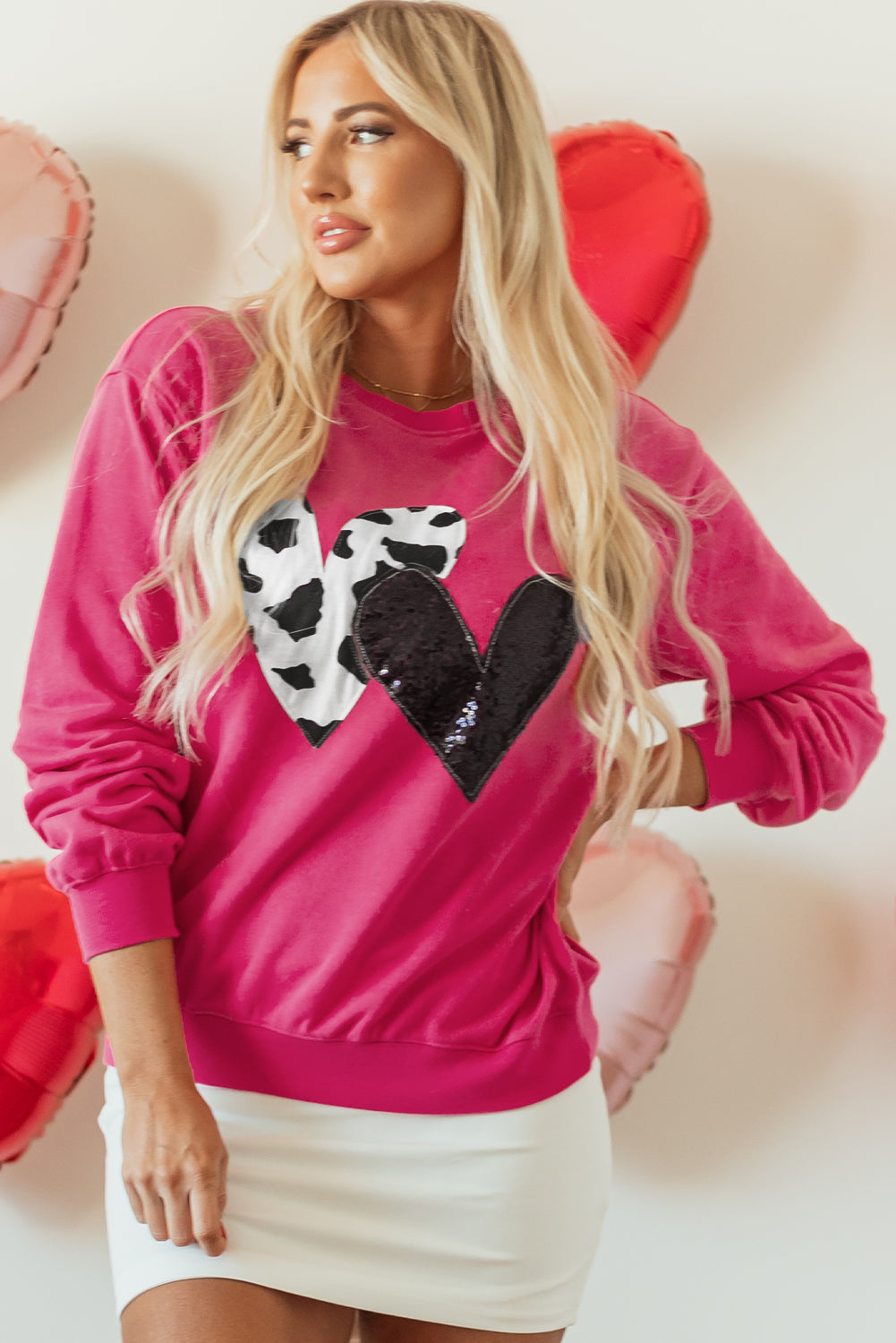 Strawberry Pink Cow & Sequin Double Heart Patch Graphic Sweatshirt - Aaria Tees