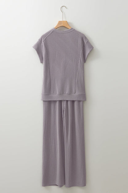 Solid Corded T-Shirt and Pants Set