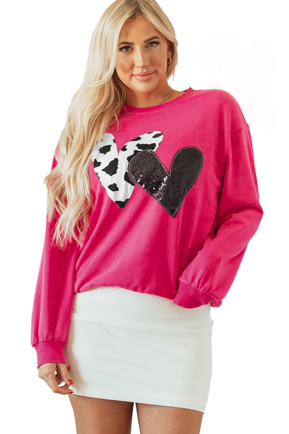 Strawberry Pink Cow & Sequin Double Heart Patch Graphic Sweatshirt - Aaria Tees