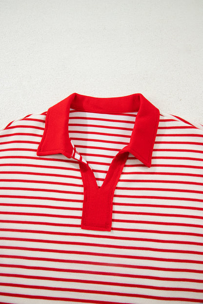 Red Stripe Collared V Neck Drop Shoulder Pullover and Skort 2pcs Outfit