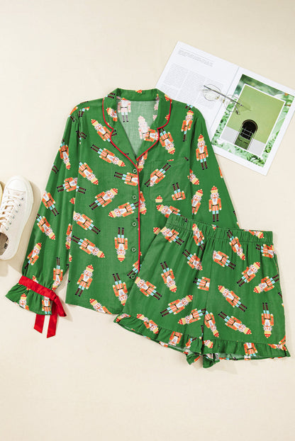 Christmas Bow Top and Ruffle Shorts Pajama Set