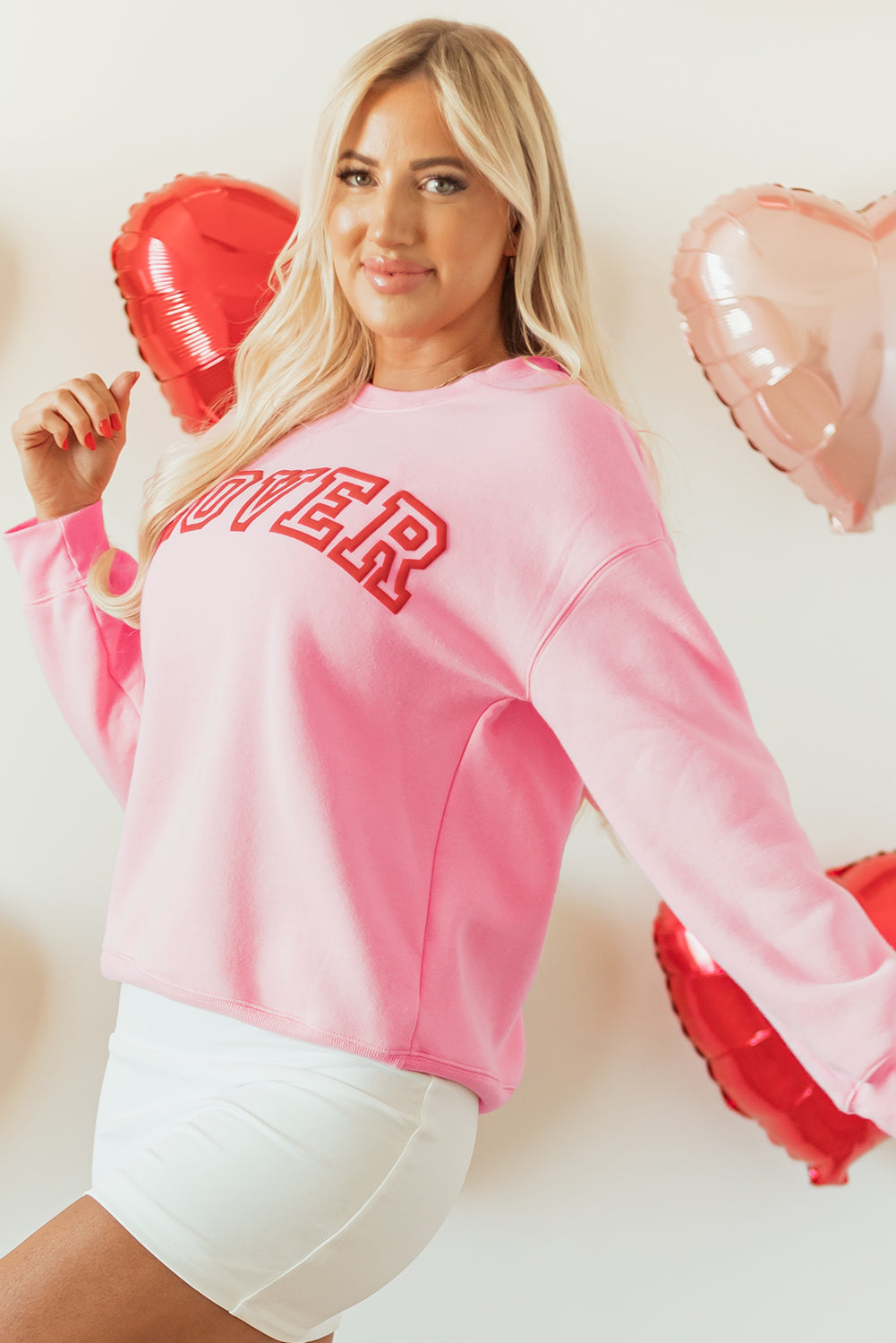 Pink LOVER Puff Print Drop Shoulder Pullover Sweatshirt - Aaria Tees