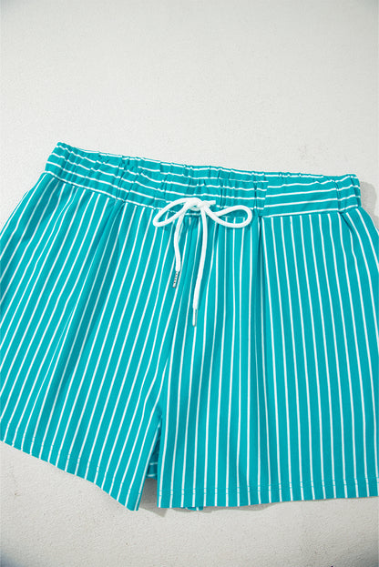 Sky Blue Stripe V Neck Tee and Casual Short Set