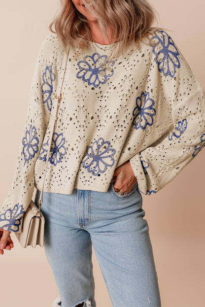 White Contrast Flower Print Eyelet Drop Shoulder Sweater Aaria Tees