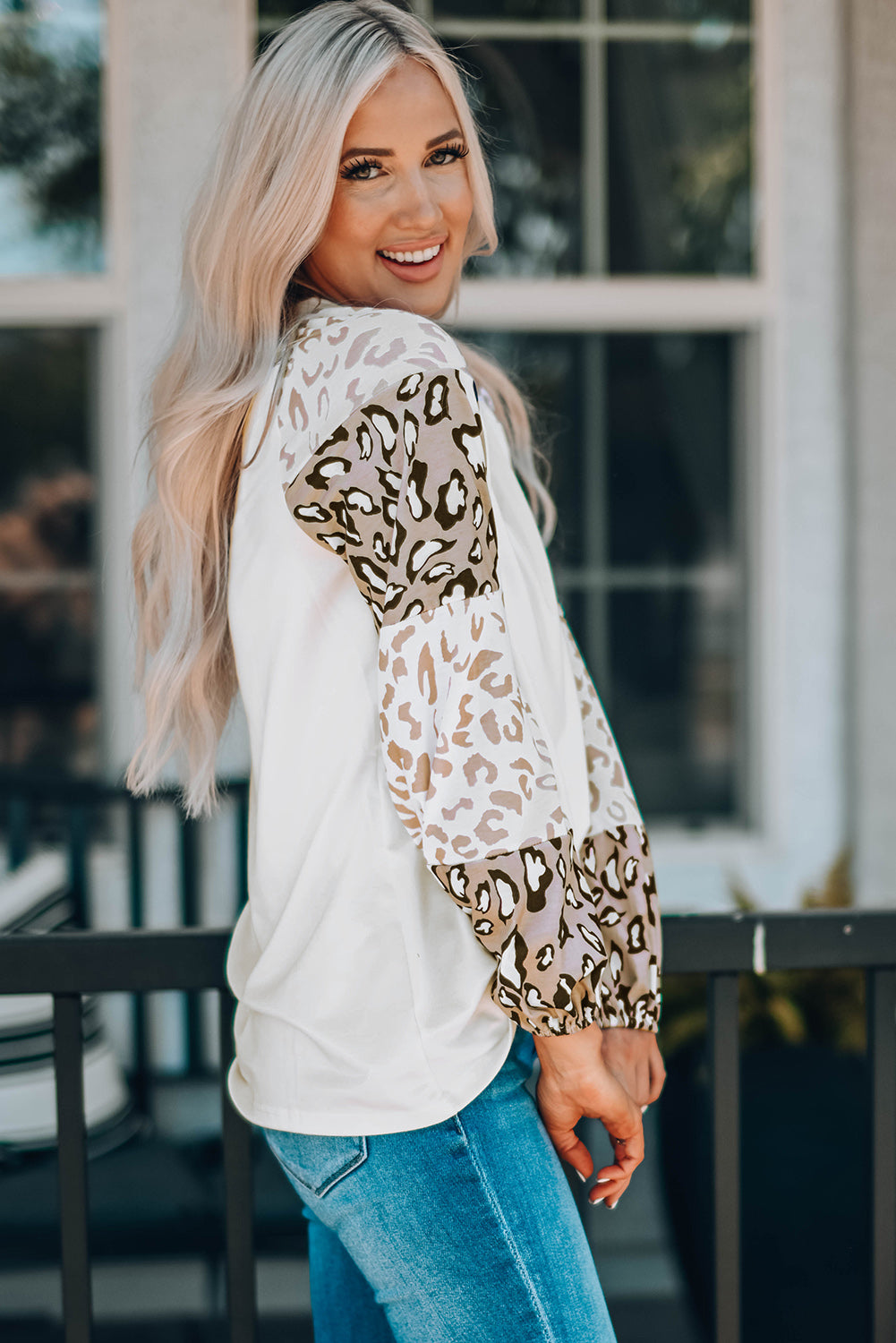 Beige Leopard Print Bubble Sleeve Top Aaria Tees