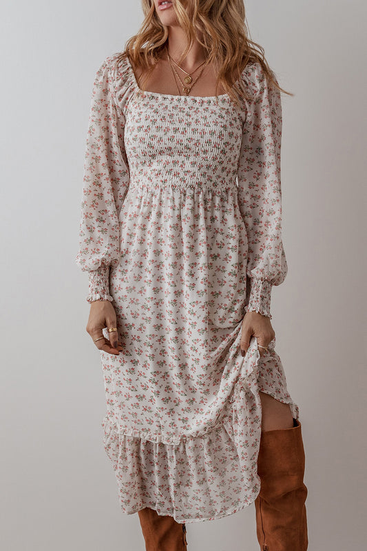 White Floral Print Shirred Ruffled Hem Square Neck Midi Dress Aaria Tees