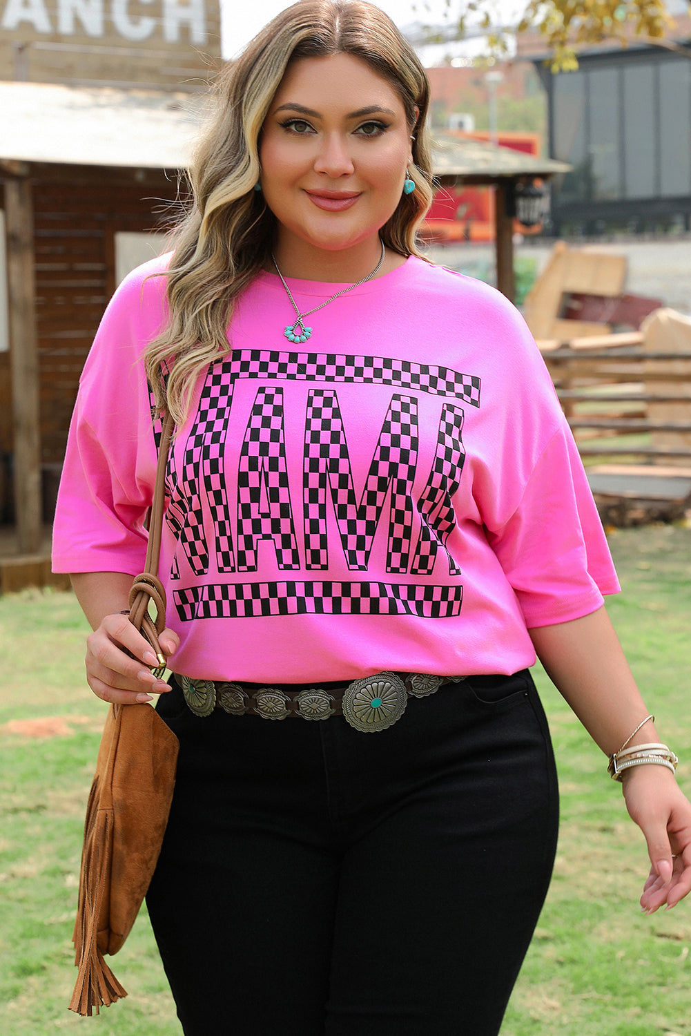 Bright Pink Checker MAMA Letter Printed Graphic Plus Size T Shirt - Aaria Tees
