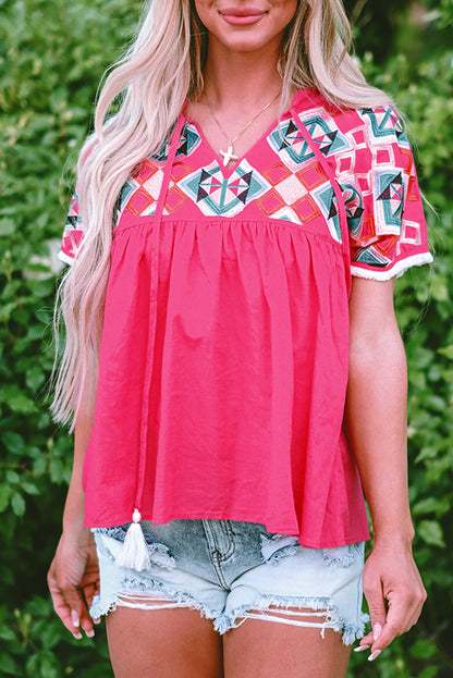 Zayla Embroidered Tassel Tie V Neck Blouse - Aaria Tees