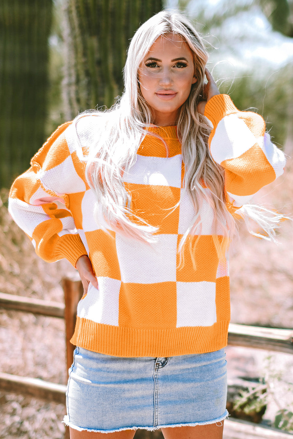 Orange Checkered Bishop Sleeve Sweater Aaria Tees