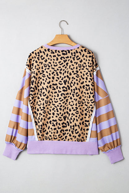 Leopard Stripe Colorblock Patchwork Sweatshirt