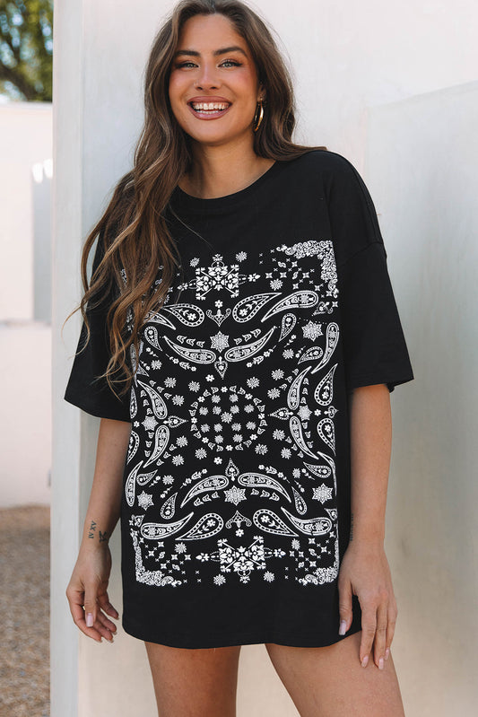Black Paisley Print Crew Neck Loose Fit Tunic Tee Aaria Tees