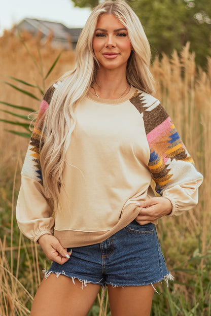 Light French Beige Aztec Patchwork Raglan Pullover Sweatshirt