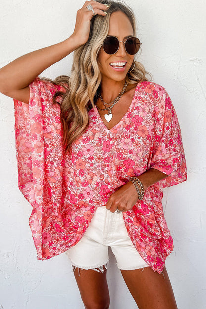Pink Boho Floral V Neck Kimono Style Blouse Aaria Tees