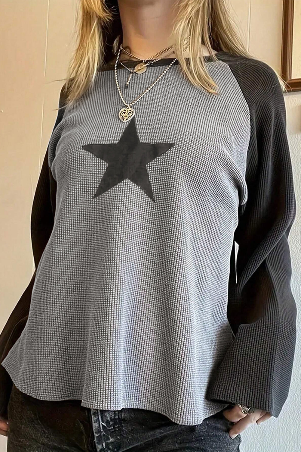 High Waffle Knit Colorblock Star Patch Graphic Raglan Top - Aaria Tees