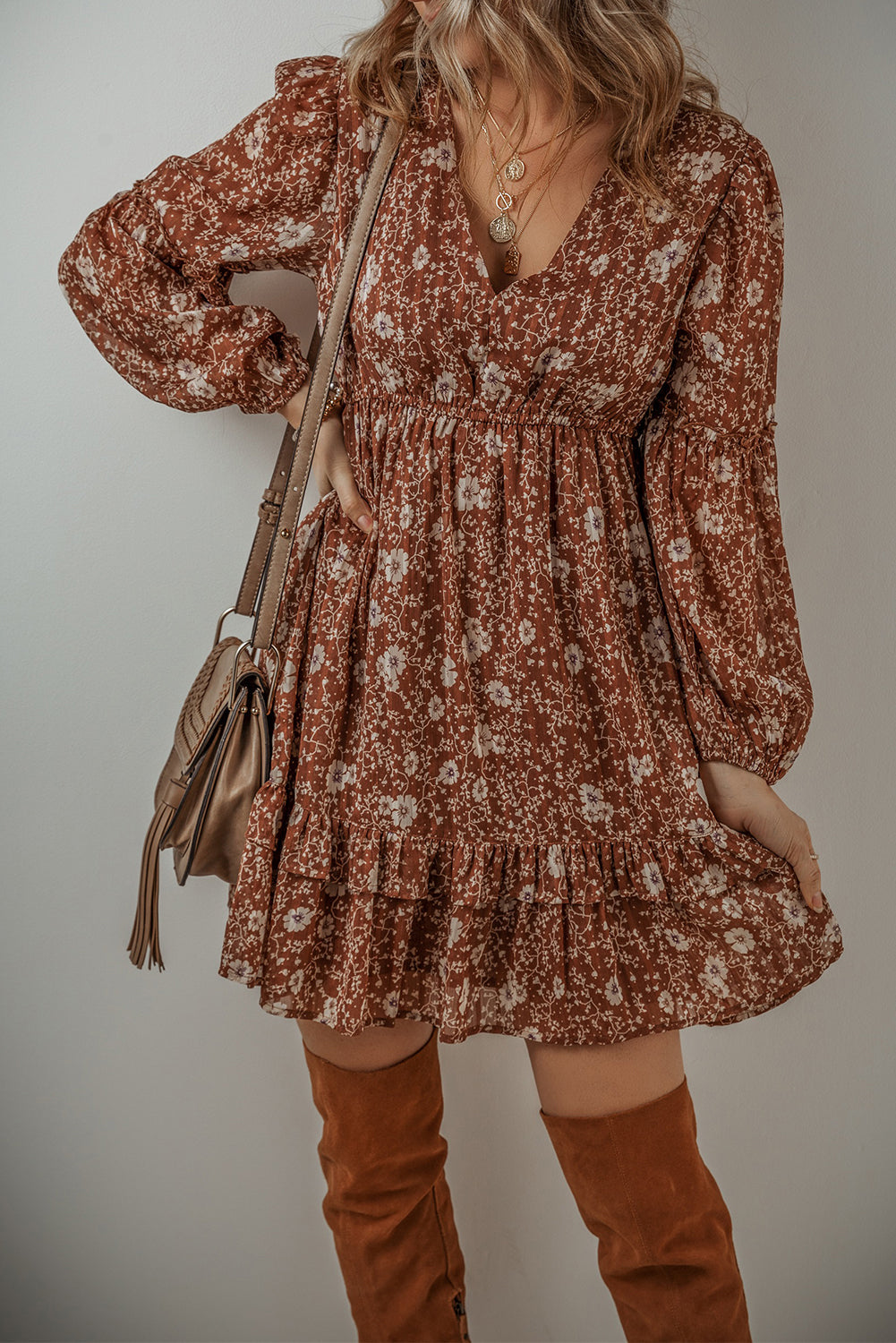 Ashley Boho Floral Puff Sleeve Mini Dress - Aaria Tees