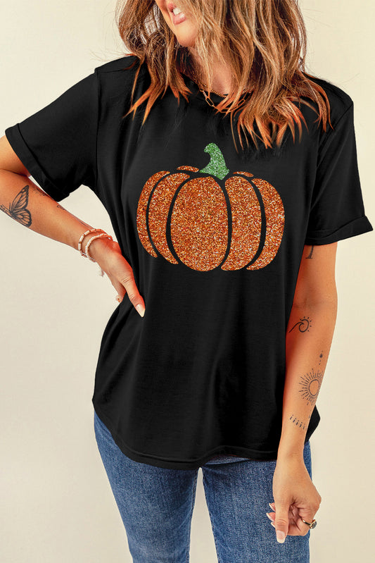 Glitter Pumpkin Round Neck Short Sleeve T-Shirt - Aaria Tees