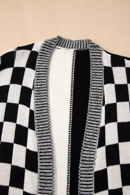 Black Checkered Bubble Sleeve Drop Shoulder Open Cardigan