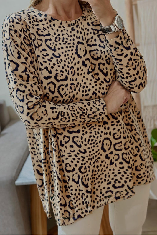 Khaki Leopard Print Long Batwing Sleeve Loose Top