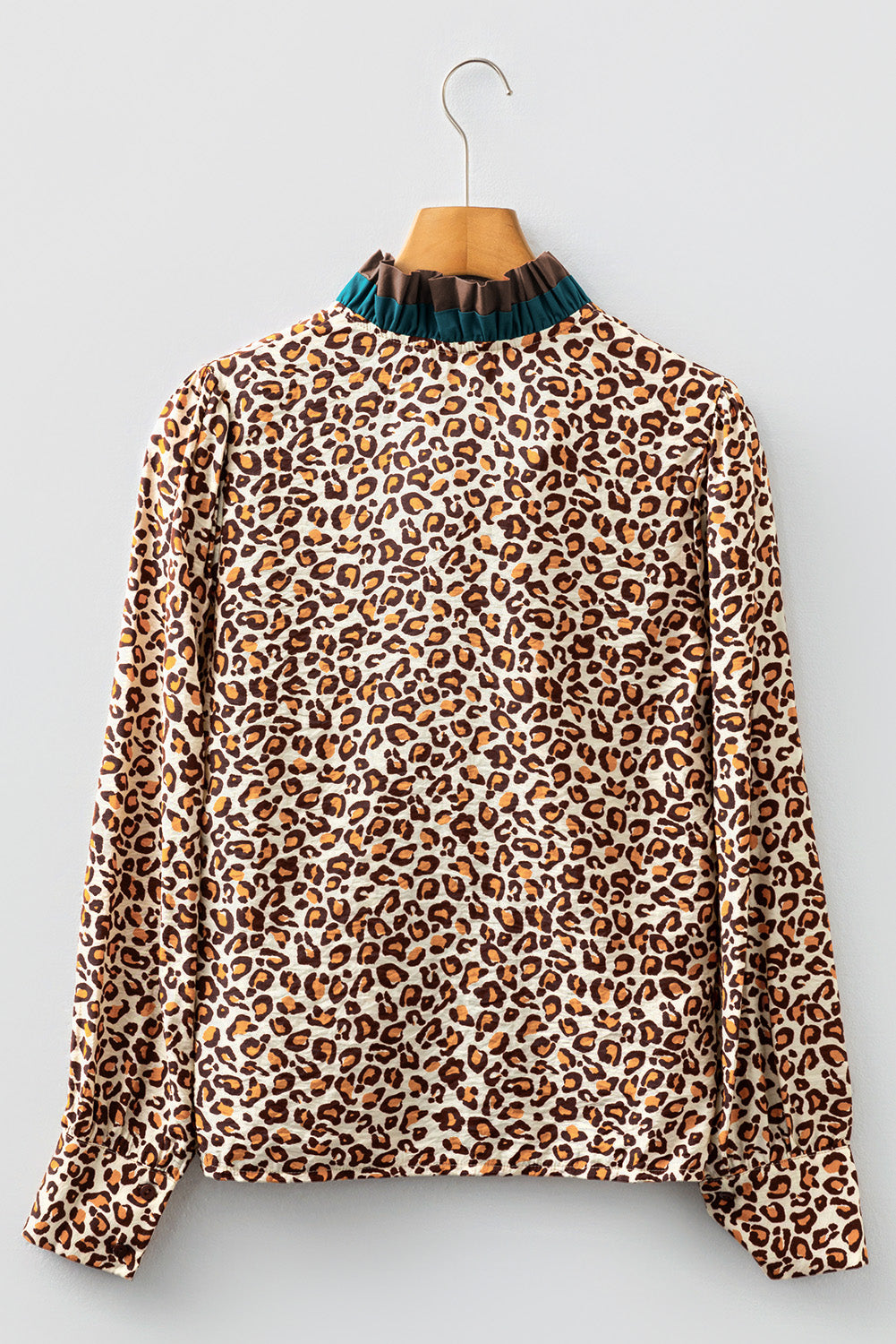 Brown Leopard Print Contrast Frilled Trim Button Down V Neck Shirt