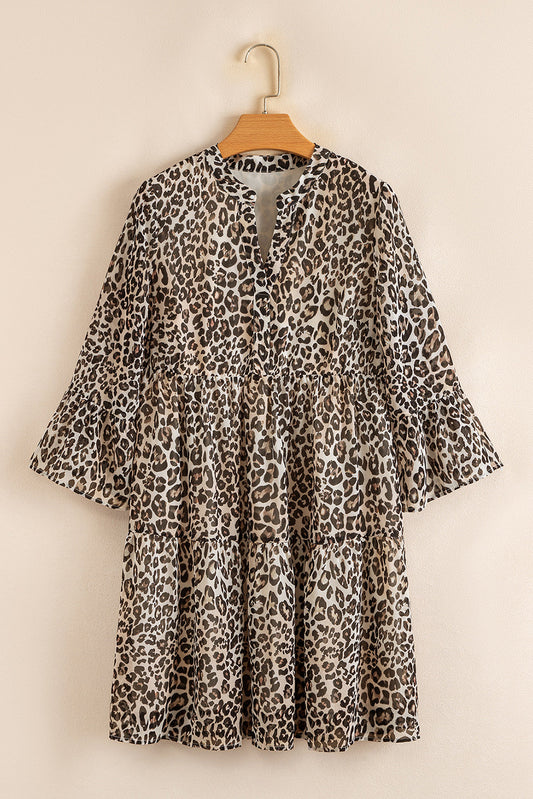 Leopard 3/4 Sleeve V-Neck Dress