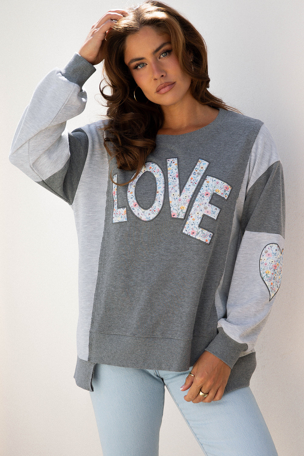 Dark Grey LOVE Graphic Exposed Seam Patchwork Uneven Hem Chic Sweatshirt