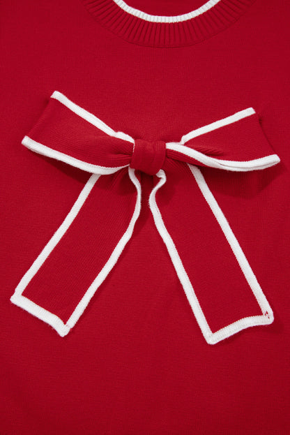 Bow Contrast Trim Long Sleeve Cropped Christmas Sweater