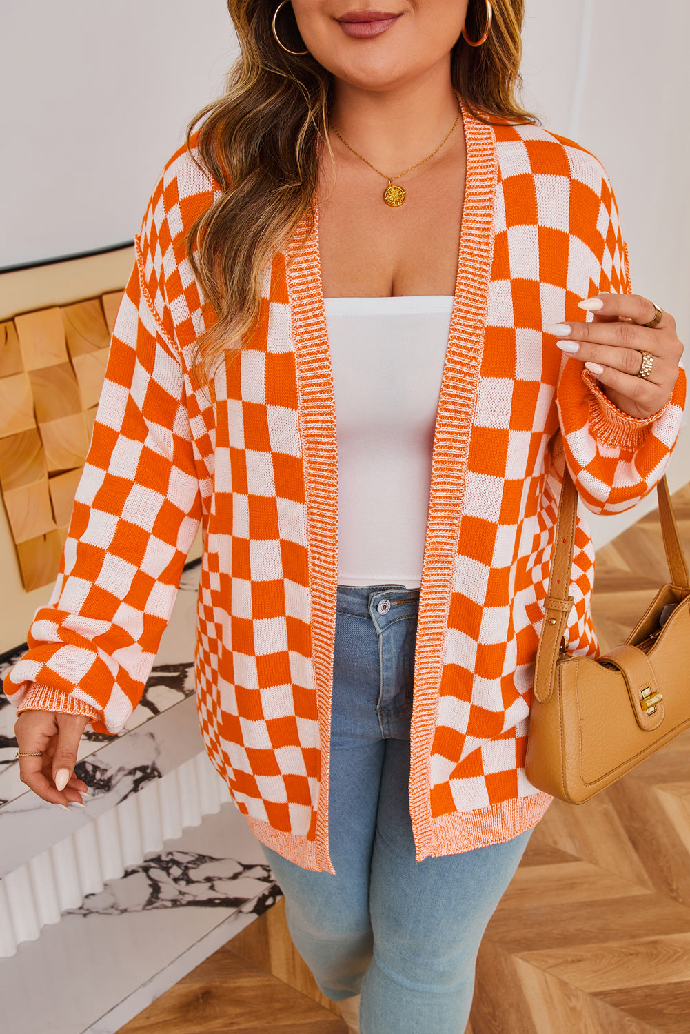 Orange Checkered Bubble Sleeve Drop Shoulder Open Cardigan