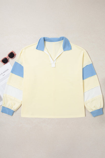 Plus Size Colorblock Raw Seam Patchwork V-Neck Pullover