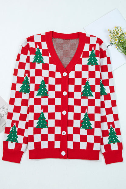 Checker Christmas Tree Buttoned V-Neck Cardigan Sweater