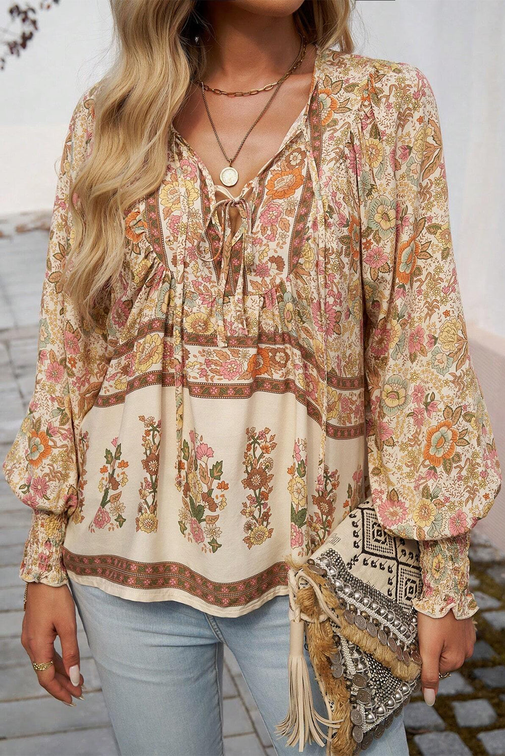 Yellow Floral Print Tie Neck Lantern Sleeve Blouse Aaria Tees