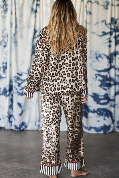 Leopard Colorblock Stripe Edge Shirt and Pants Pajama Set