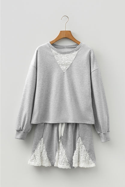 Light Grey Lace Patchwork Drop Shoulder Pullover Drawstring Skort 2pcs Outfit