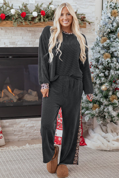 Leopard Corded Knit Top and Pants Set