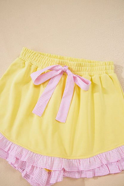 Ruffle Trim Patchwork Pullover and Shorts Set