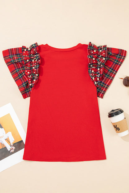 Plaid Patchwork Pearl Ruffle Sleeve T-Shirt