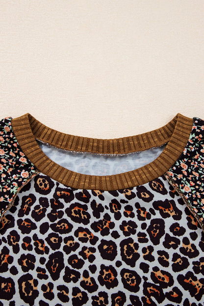 Leopard Floral Patchwork Ribbed Puff Sleeve Top