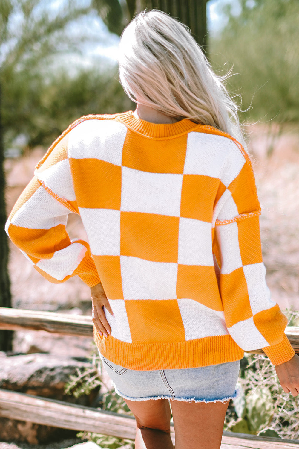 Orange Checkered Bishop Sleeve Sweater Aaria Tees