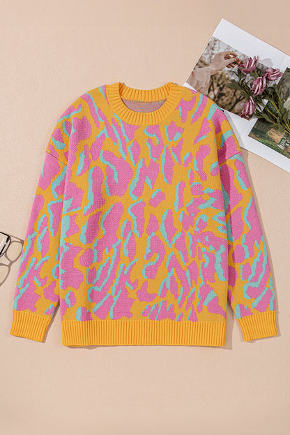 Plus Size Leopard Ribbed Trim Crewneck Sweater