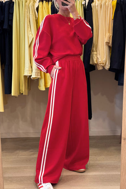 Oatmeal Varsity Striped Detail Cropped Pullover Wide Leg Pants 2pcs Outfit