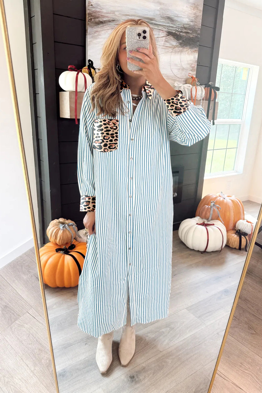 Sky Blue Stripe Contrast Leopard Patchwork Long Shirt Dress with Slits