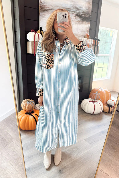 Sky Blue Stripe Contrast Leopard Patchwork Long Shirt Dress with Slits