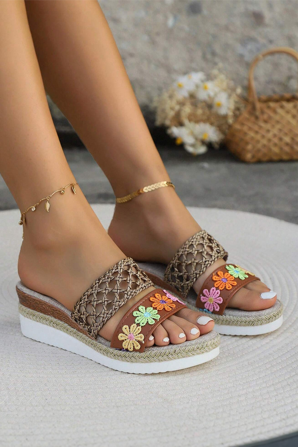 White Floral Print Braided Details Wedge Slippers Aaria Tees