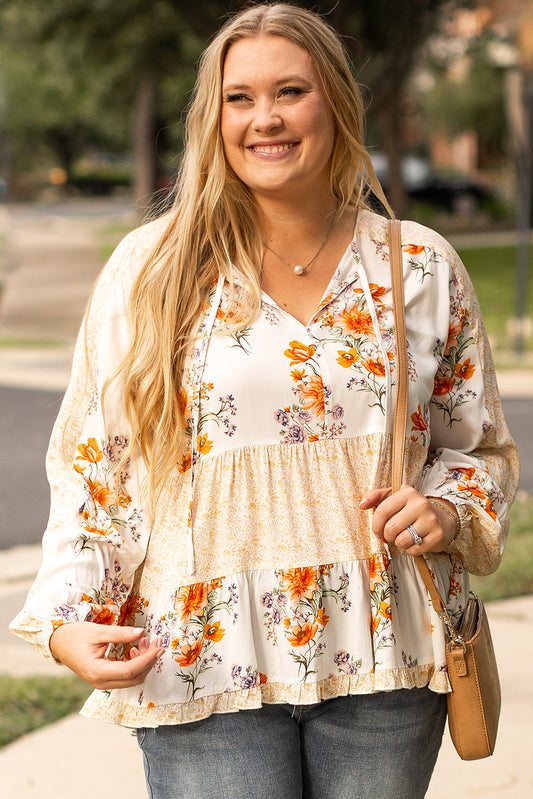 White Plus Size Floral Print V Neck Puff Sleeve Blouse Aaria Tees