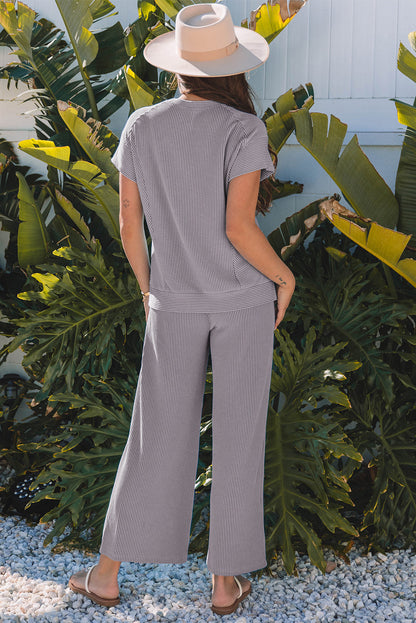 Solid Corded T-Shirt and Pants Set